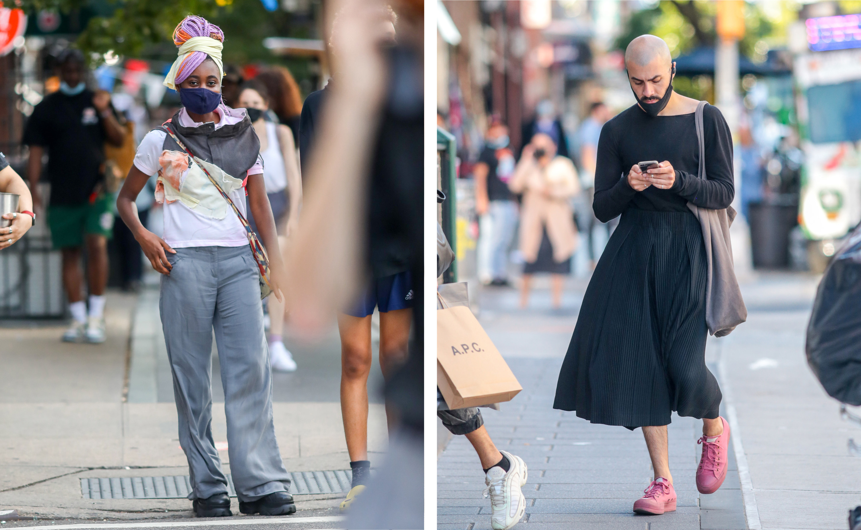 Left, a woman with a pair of pants cut off around her neck. right, a man in a black skirt looking at his phone as he walks down the street