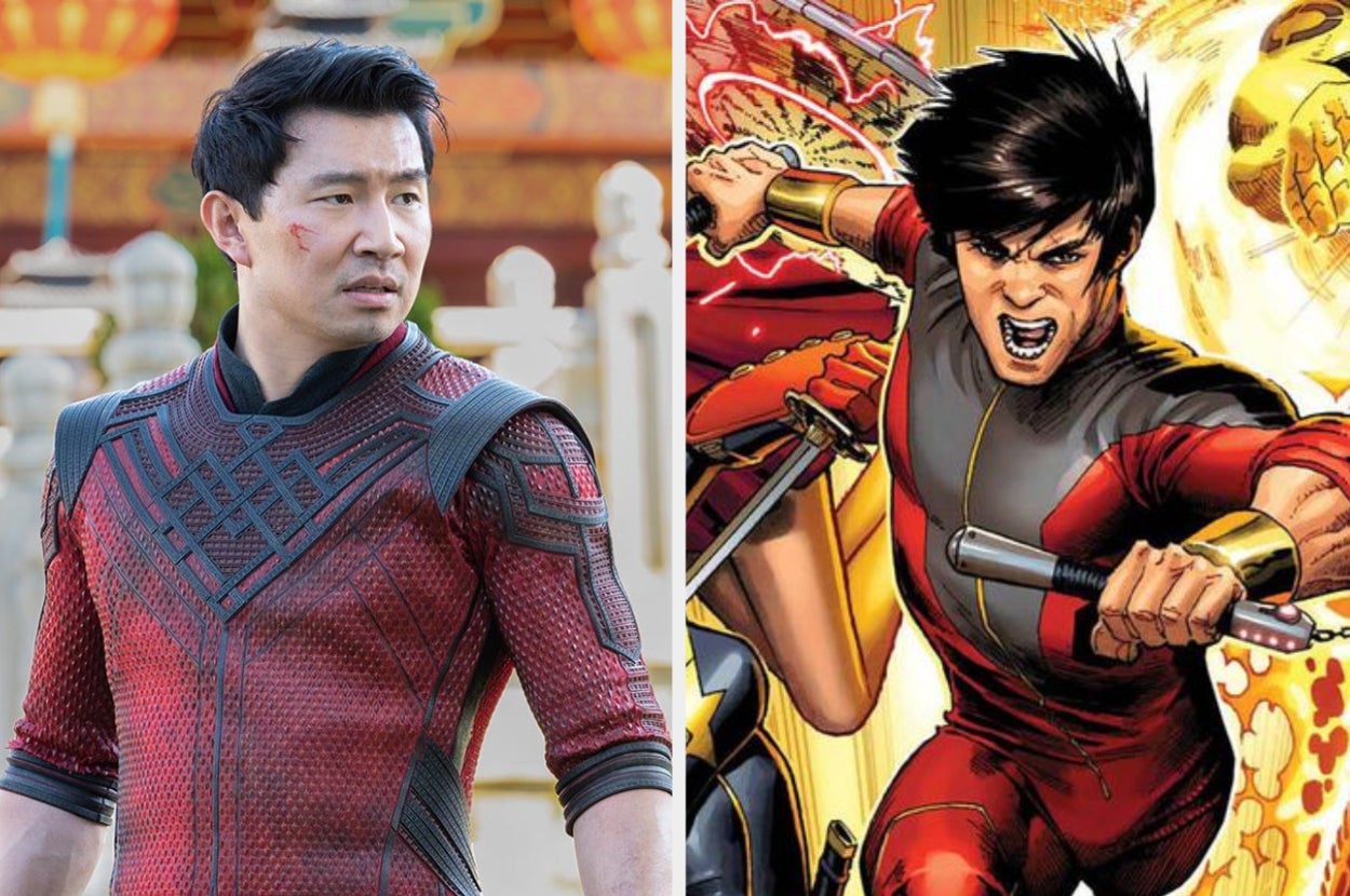 Simu Liu as Shang-Chi in the new Marvel movie and a frame from a Shang-Chi comic