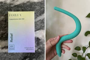 an image of the packaging of vaginal suppositories side-by-side to an intimate pelvic wand in the author's hand