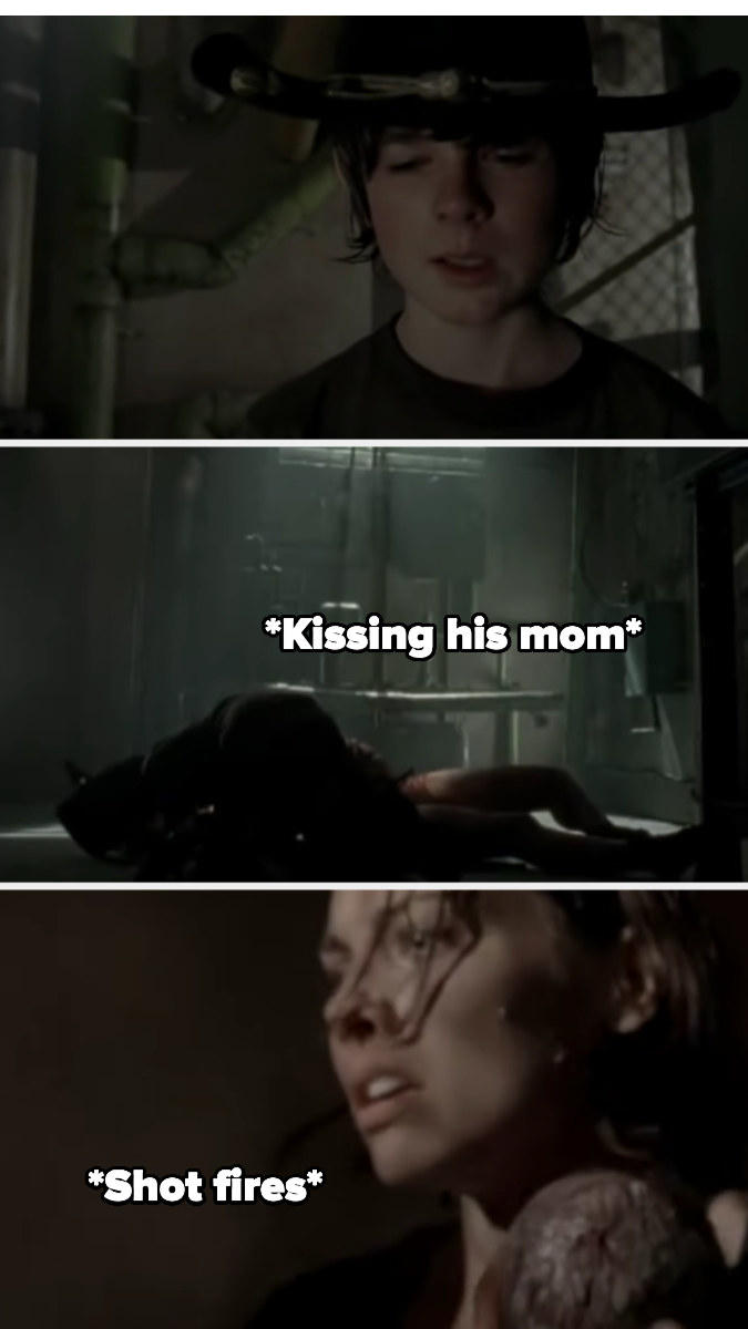Carl kisses his mom then shoots her as Maggie hears the shot