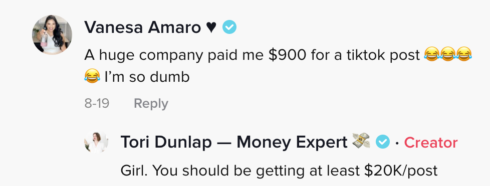 A huge company paid me $900 for a tiktok post [several laughing crying emojis] I&#x27;m so dumb