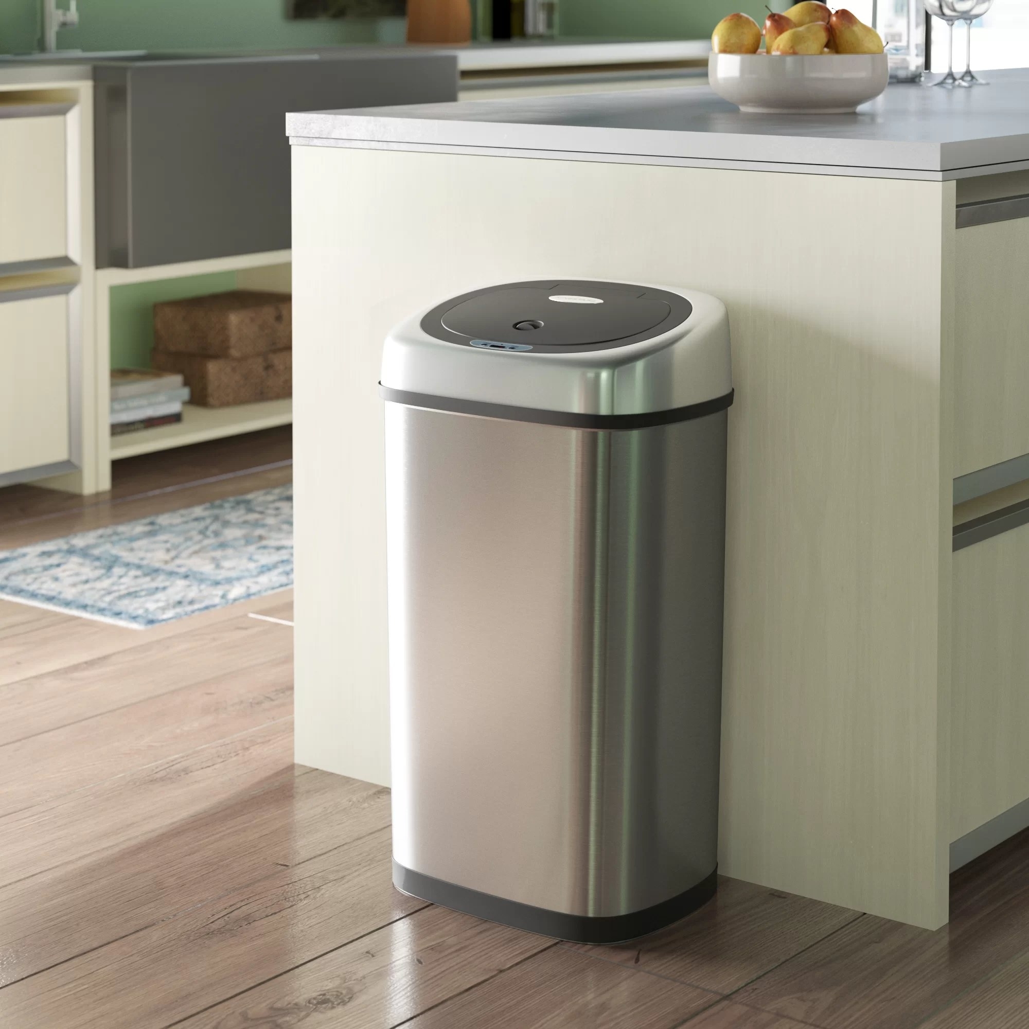 The motion-sensor trash can in a kitchen
