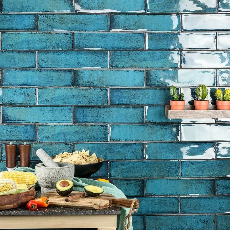 The blue subway tiles in a kitchen