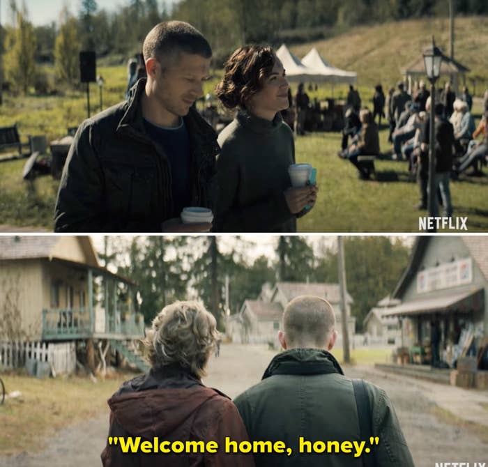 Two people walking through town with the caption &#x27;Welcome home, honey