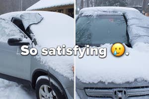 A car with snow on the window / A car with no snow on the window after removing the cover