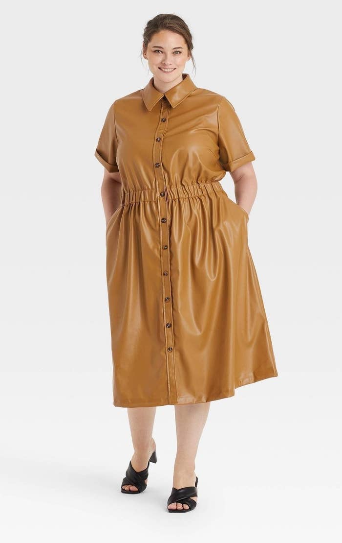 model in tan short sleeve button front midi