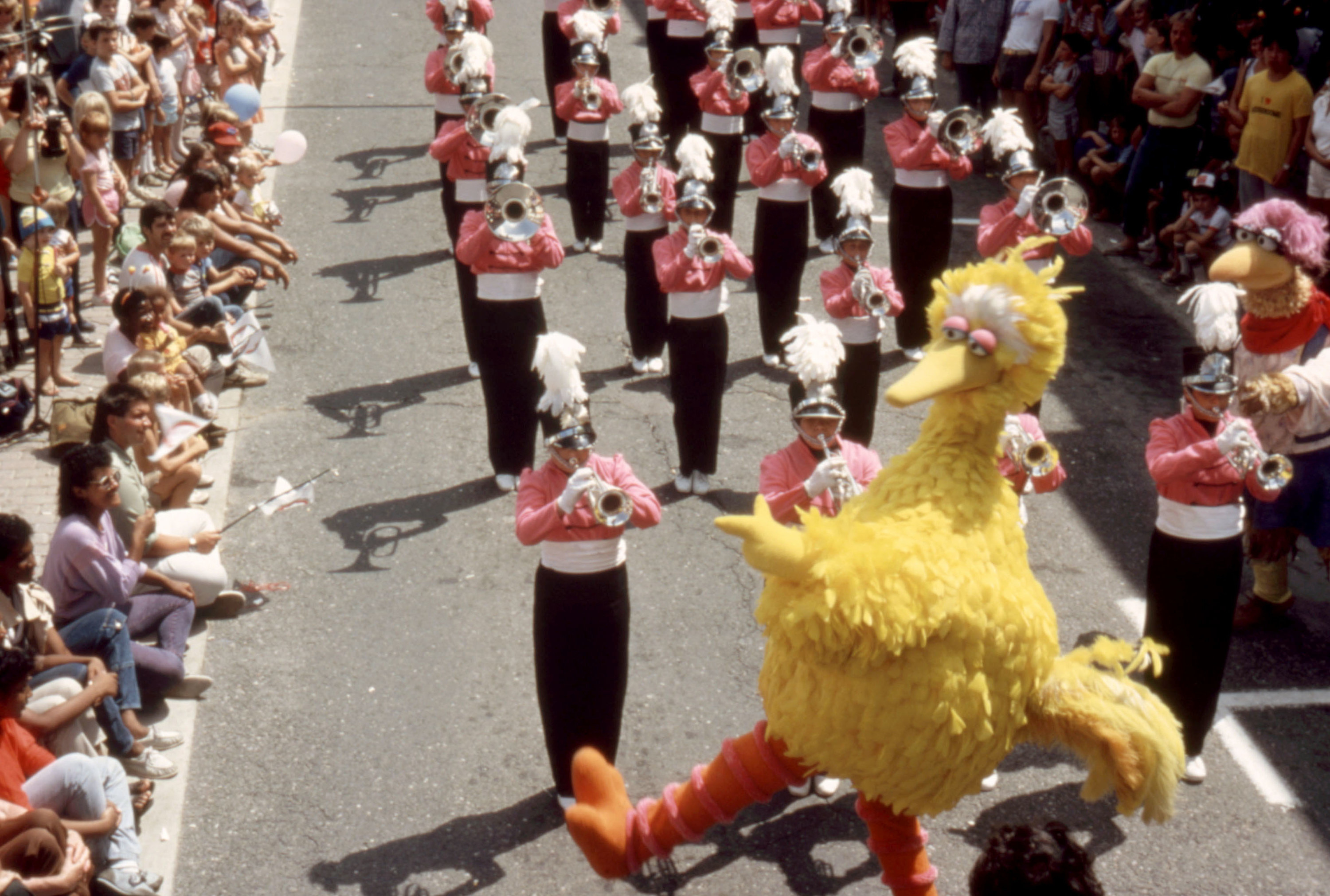 Big Bird leads a marching band