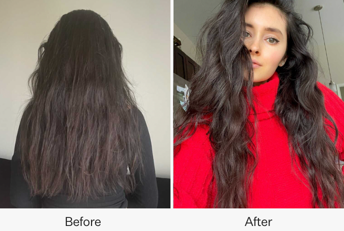 before and after of a person with long hair that looks frizzy and damaged in the before, then sleek and shiny in after