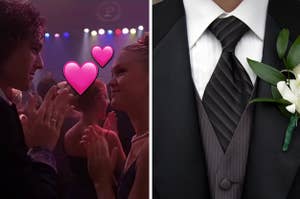 A couple is dancing on the left with a tux shown on the right