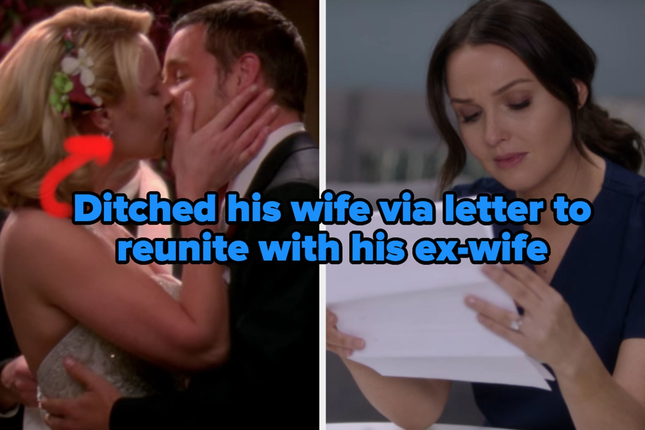 Alex and Izzie kissing at their wedding and Jo reading Alex's goodbye letter on 