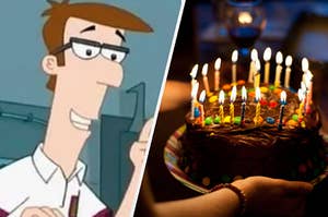 A close up of Lawerence Fletcher from "Phineas and Ferb" and two hands hold a chocolate frosted cake with multiple lit birthday candles in it