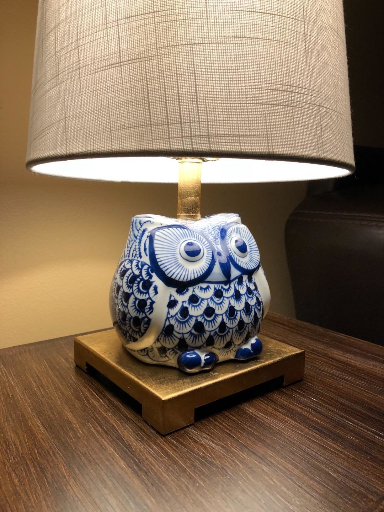 Reviewer&#x27;s close up of the owl lamp