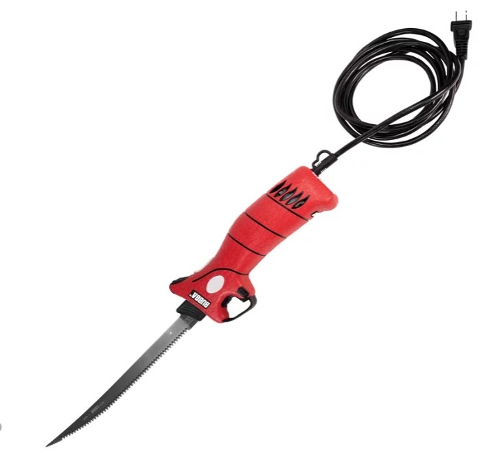 A knife with a red and black handle and a cord