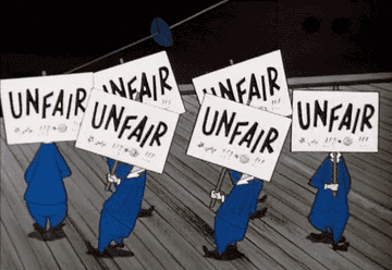 Cartoon clip of men circling around each other holding up photos that say &quot;unfair.&quot;