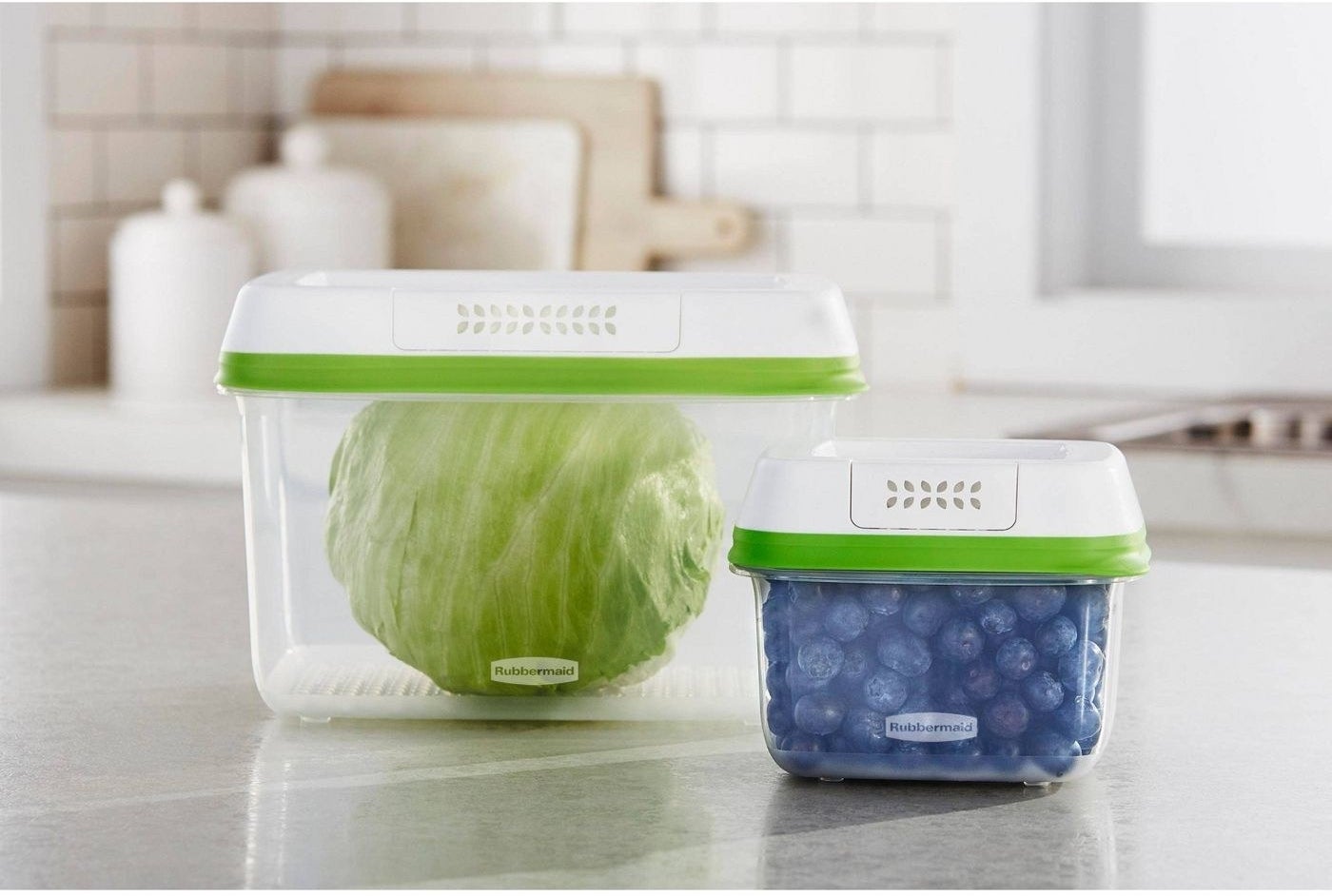 two rubbermaid produce saver containers with lids and produce inside