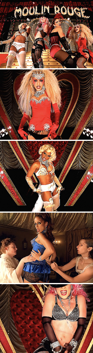 Aguilera, Mýa, Pink, and Lil' Kim dancing in their "Lady Marmalade" music video