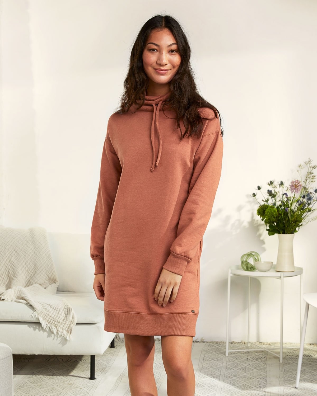 model wearing the sweatshirt dress