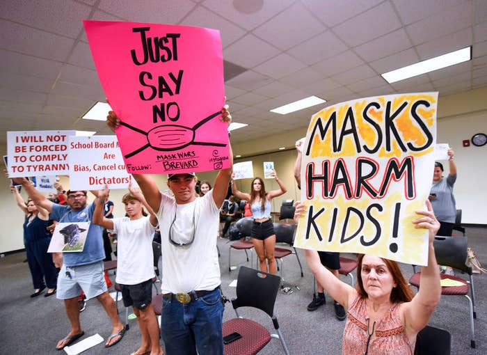 Demonstrators holding signs reading "Just say no" and "Masks harm kids!"