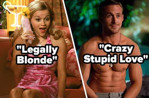 Elle Woods sits in a plush chair with talking a fuzzy covered phone in "Legally Blonde" and Jacob Palmer sits shirtless in "Crazy Stupid Love"