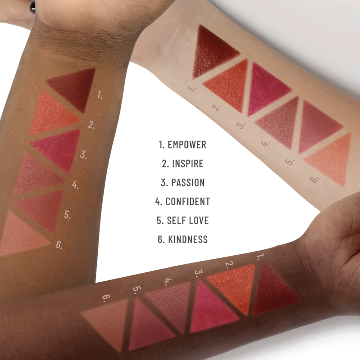 swatches of all blush colors on three different skin tones