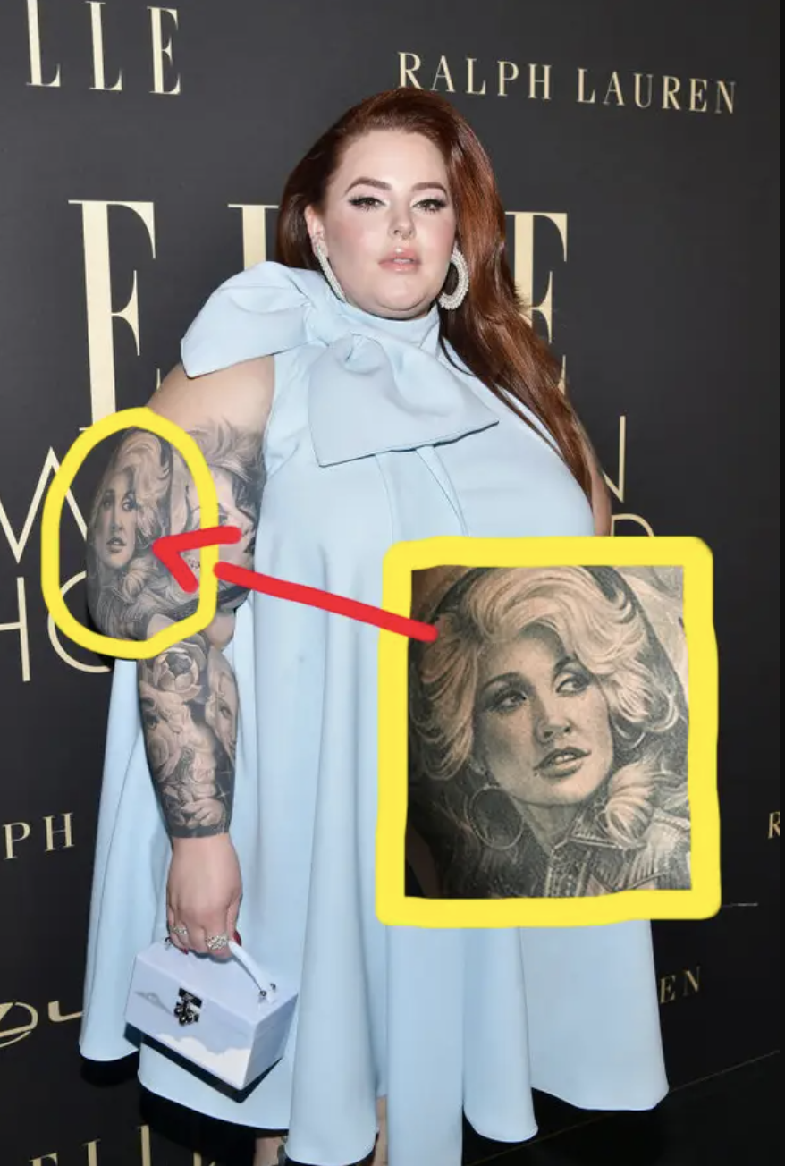 woman with a celeb face on sleeve tattoo