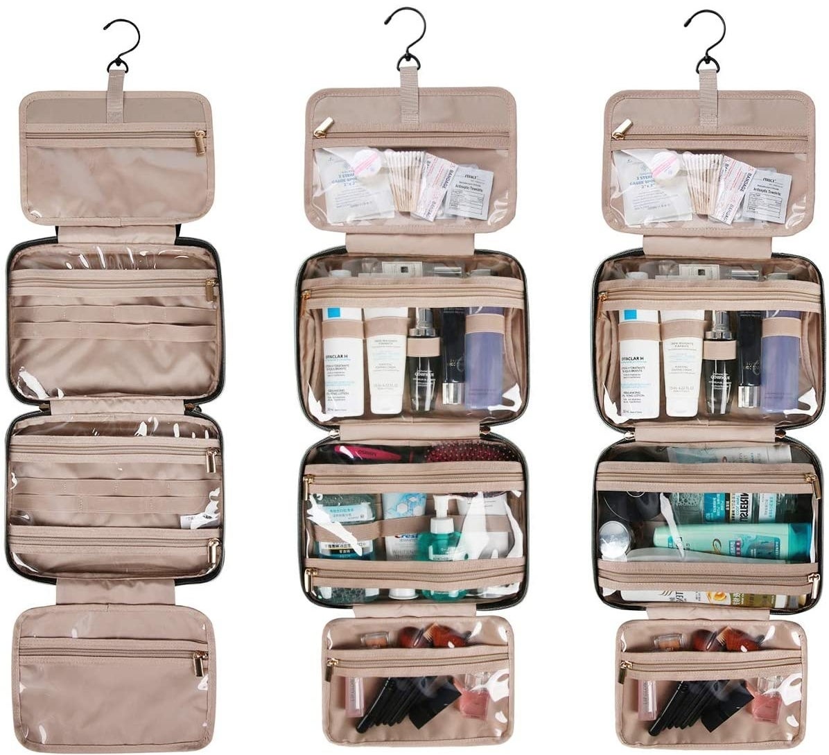 The hanging bag with four zipped-up compartments for toiletries