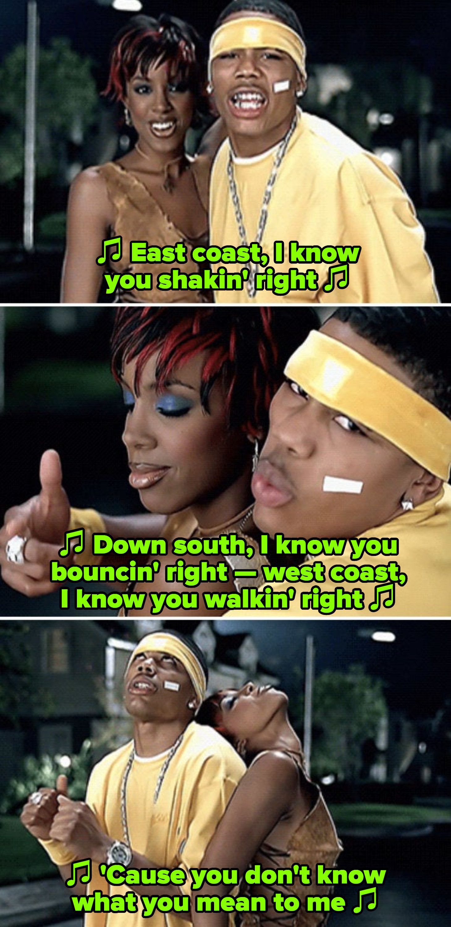 Rowland and Nelly in their &quot;Dilemma&quot; music video, singing: &quot;East coast, I know you shakin&#x27; right, down south, I know you bouncin&#x27; right&quot;