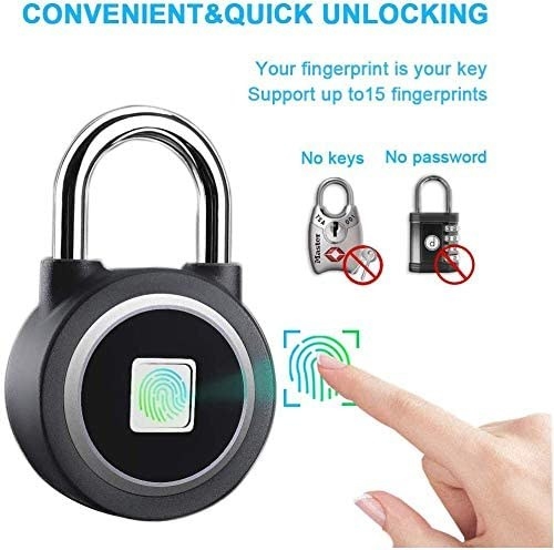 A person&#x27;s finger using their fingerprint to unlock the padlock