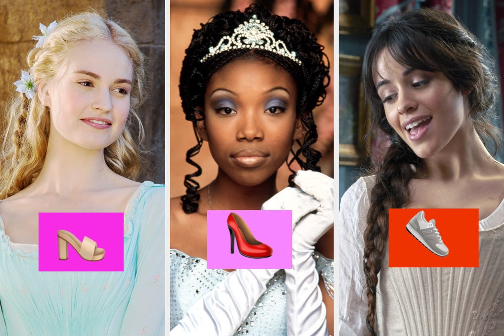 lily james on the left, brandy in the middle, and camila cabello on the right with different shoe emojis under each of them