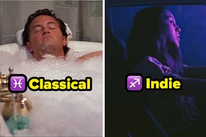 chandler bing in the bath with "classical" written under him and olivia rodrigo driving in the car with "indie" written under her