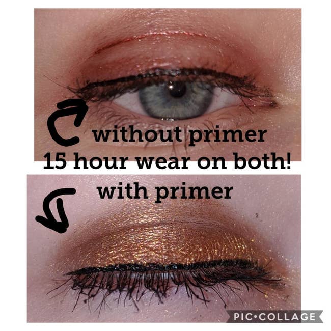A reviewer showing the difference the primer makes — one photo without primer showing the makeup rubbed off and creased after 15 hours, one with the primer showing the sparkly eyeshadow fully on after 15 hours