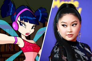 Musa the fairy wears a one shoulder glittery mini dress and a close up of Lana Condor as she looks over her shoulder