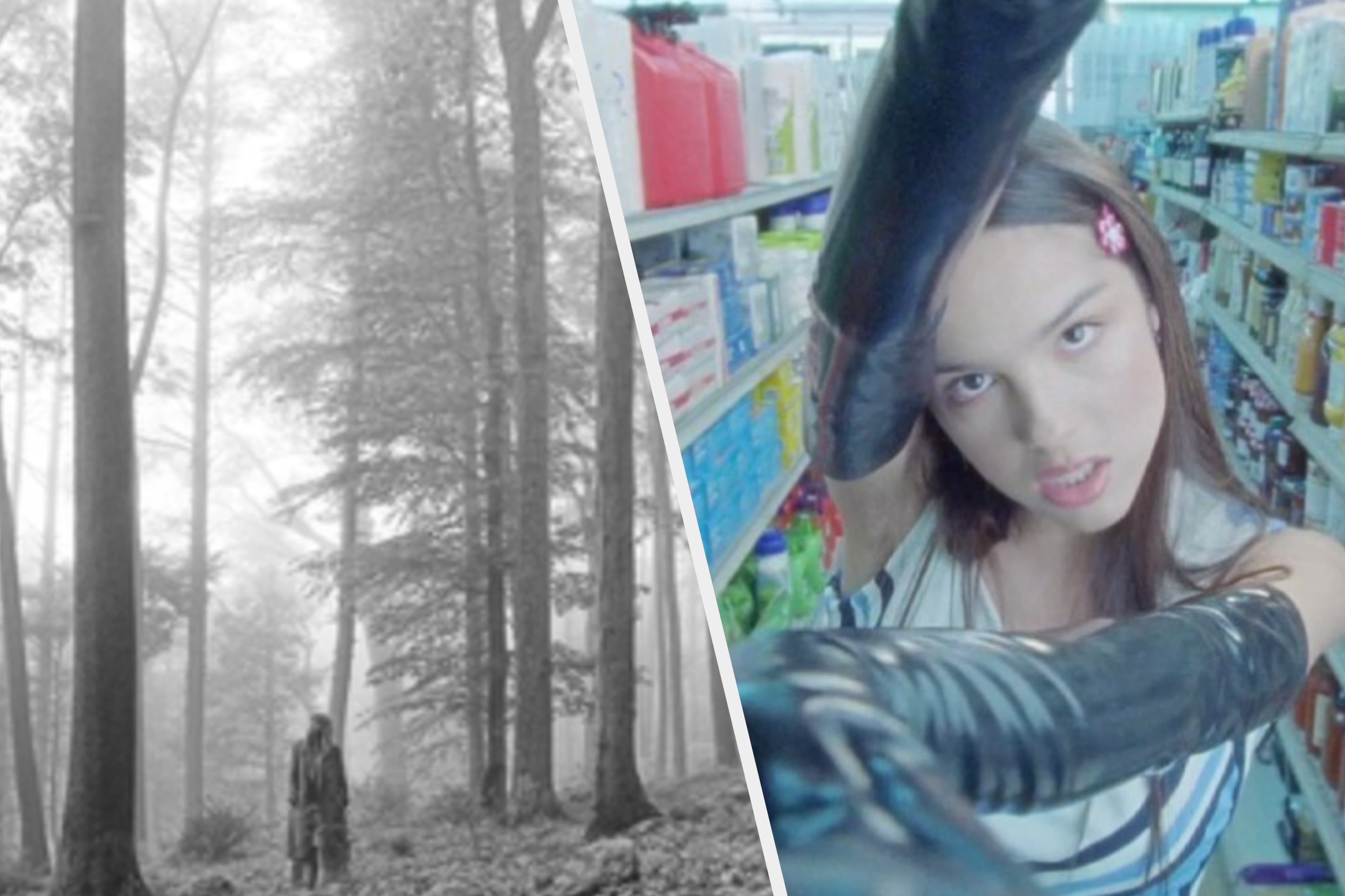 A black and white photo of Taylor Swift looking up tall trees and Olivia Rodrigo reaches her gloved hands towards the camera