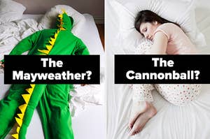 A man in a dinosaur onesie lays face down in a bed and a woman sleeps on her side with her knees to her chest 