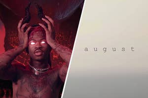 Lil Nas X holds a horned crown on his eyes as his eyes begin to glow and the word "August" is shown in typewriter font