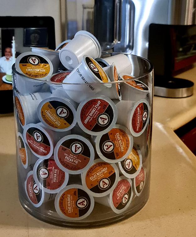 Reviewer photo of the K-cups in a glass jar