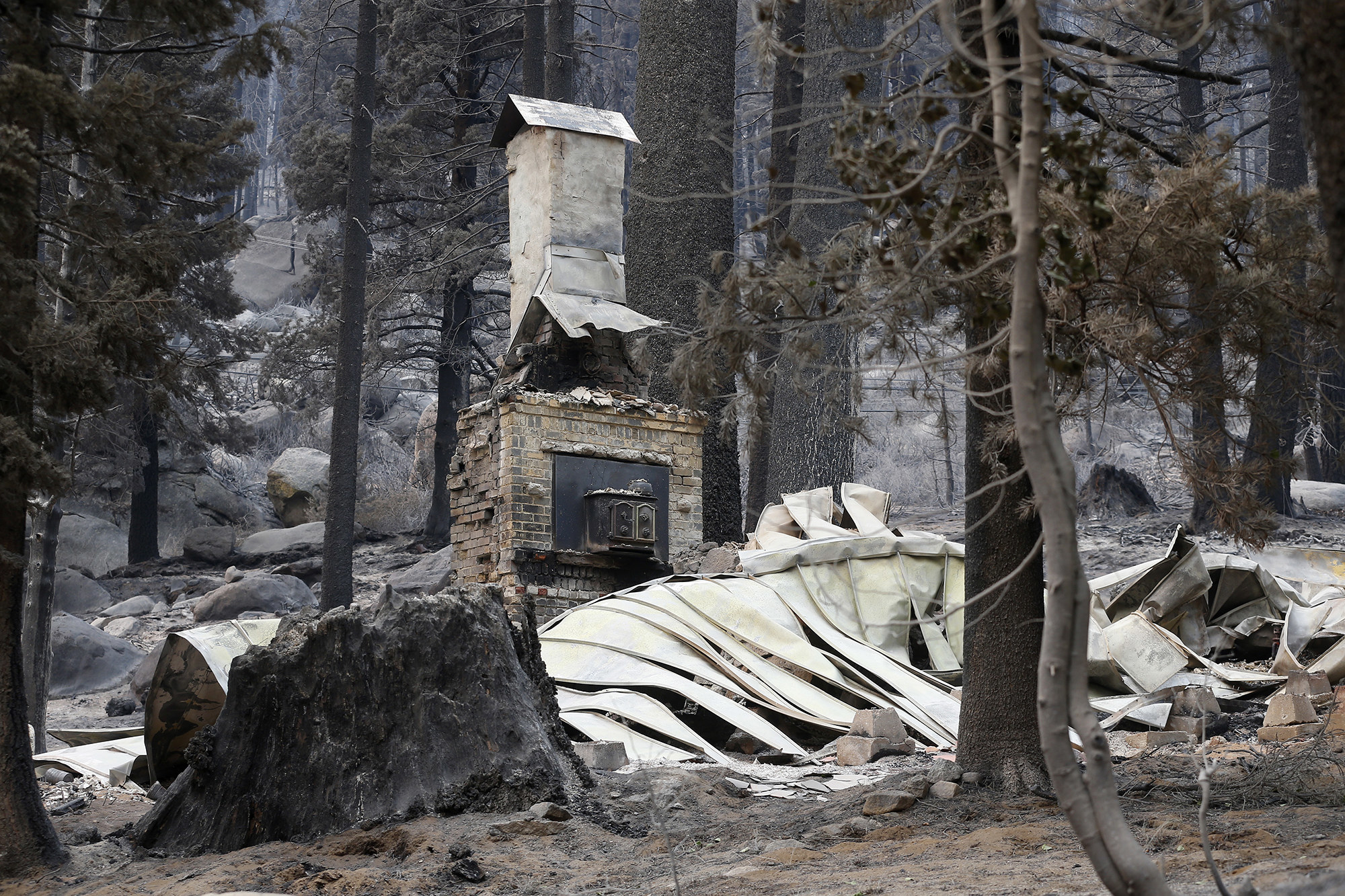 A collapsed roof in a forest sits next to a brick fireplace and chimney that are still standing