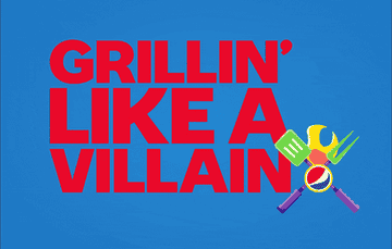 Red text on blue background says &quot;Grillin&#x27; like a villain.&quot; Barbecue tools are in the right corner.
