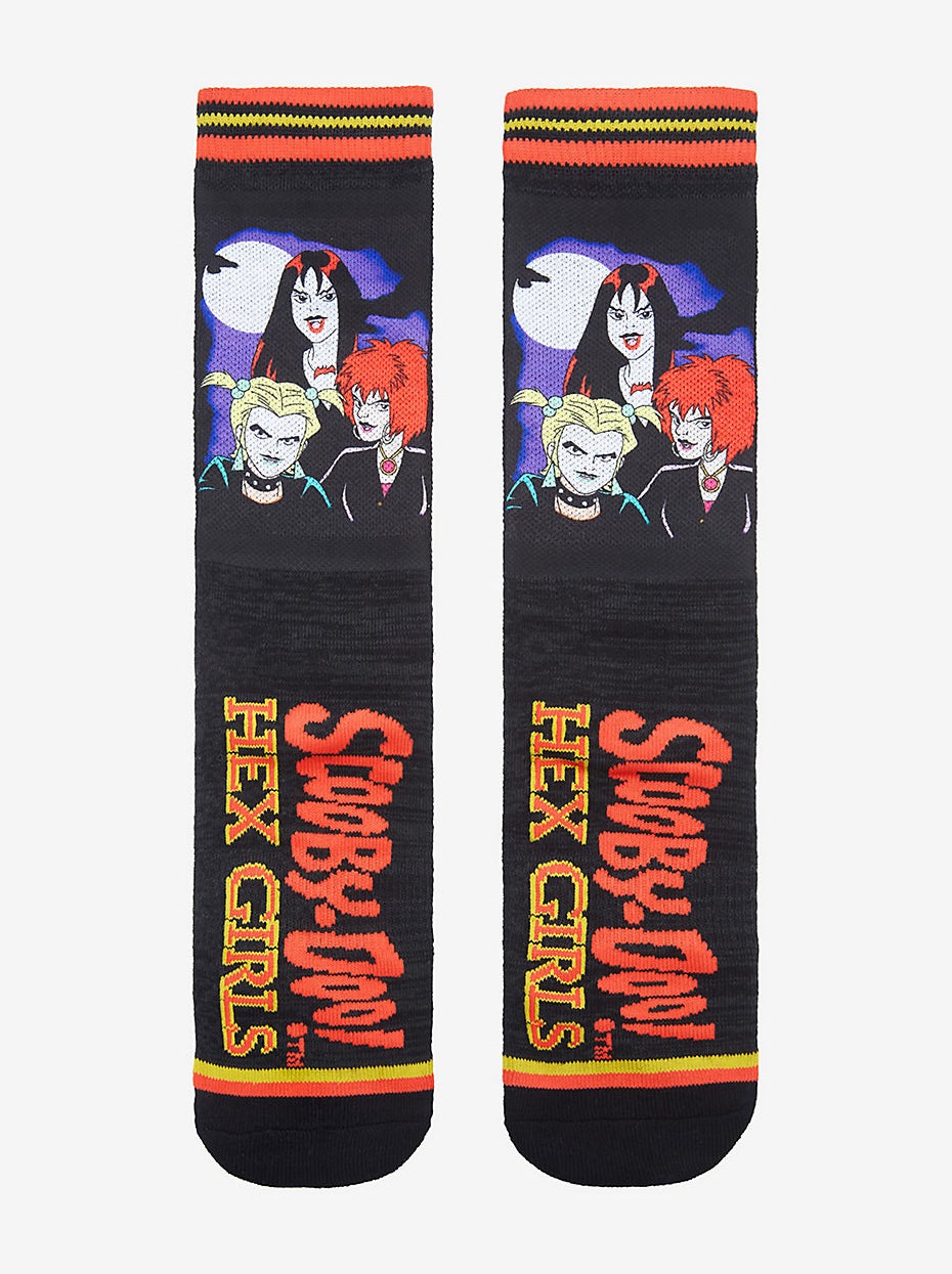 black socks printed with the hex girls and the scooby doo logo