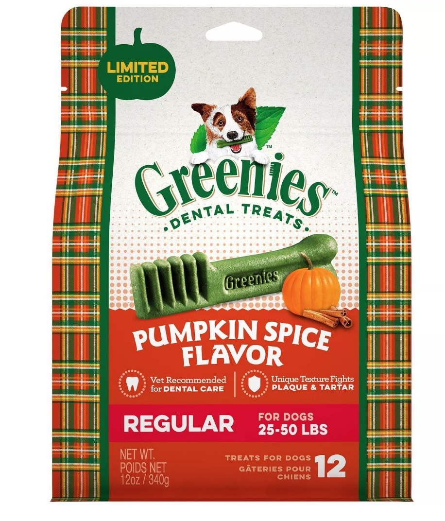 A pack of pumpkin spice flavor Greenies for dogs