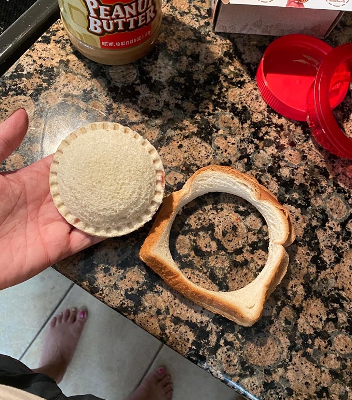 Reviewer holding homemade circular peanut butter and jelly sandwich