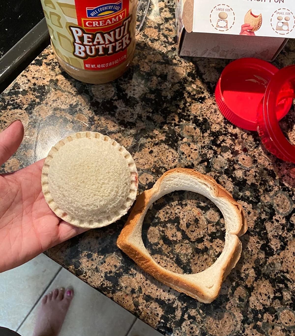 Reviewer holding homemade circular peanut butter and jelly sandwich