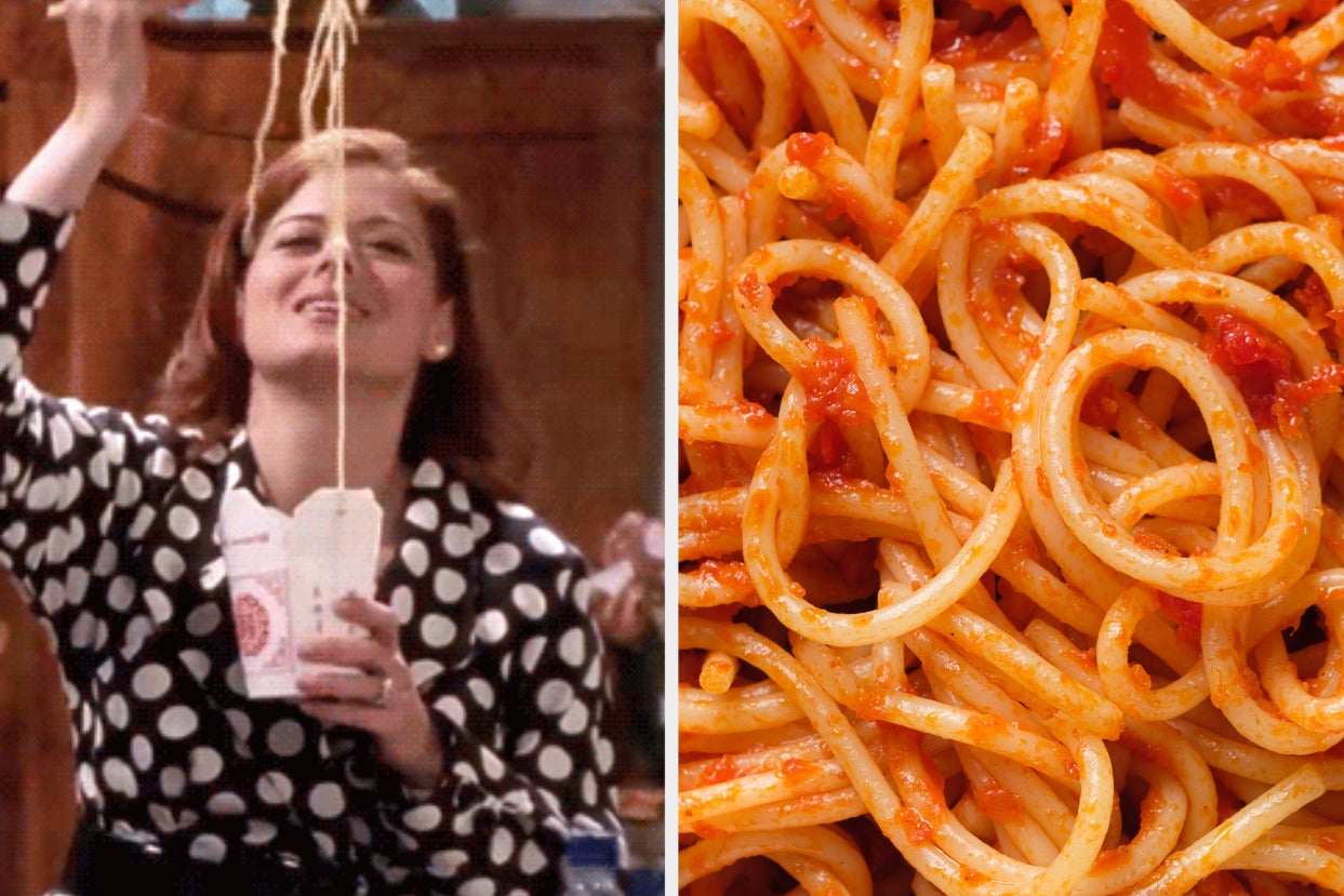 a woman eating chinese food on the left and spaghetti on the right
