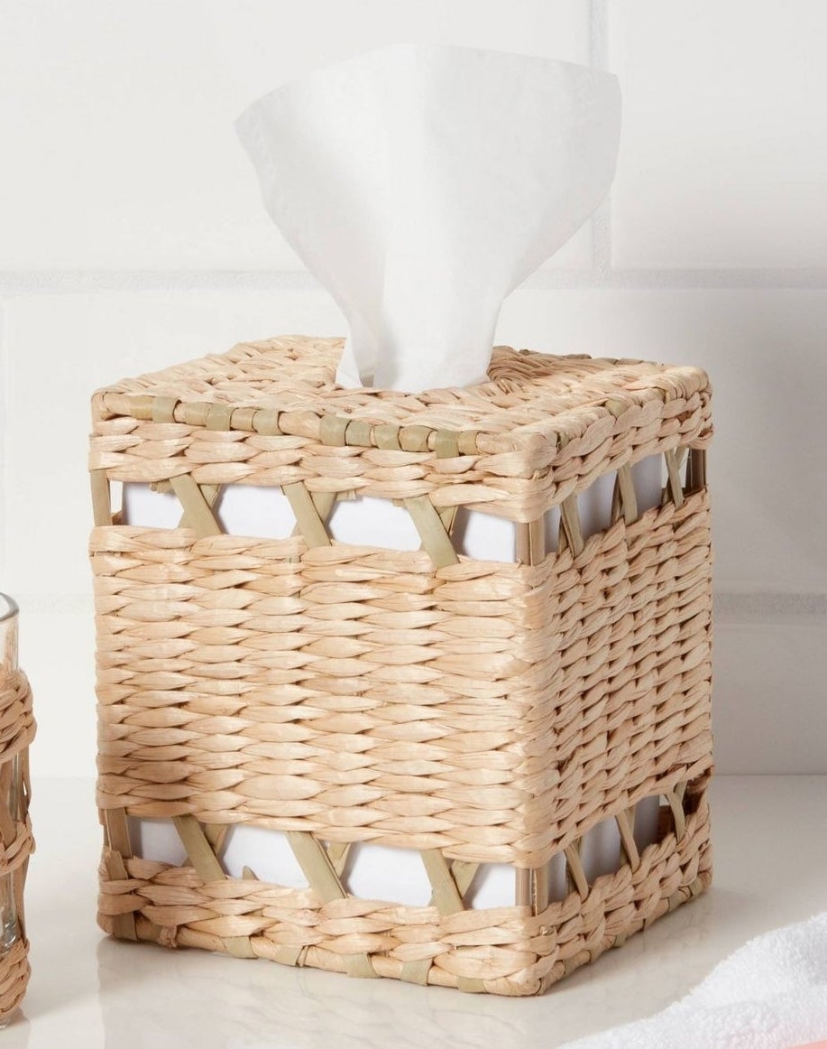 The woven rattan-look tissue box cover
