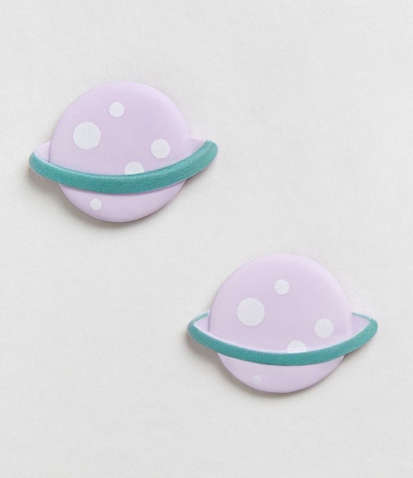 purple and teal saturn shaped earrings