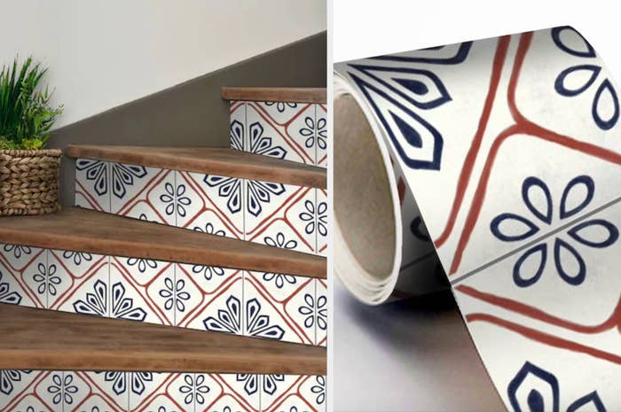 The stair decals are shown installed on a flight of stairs; the decals are shown in a roll