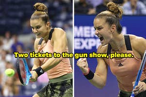 Maria Sakkari hitting a backhand and her fist pumping