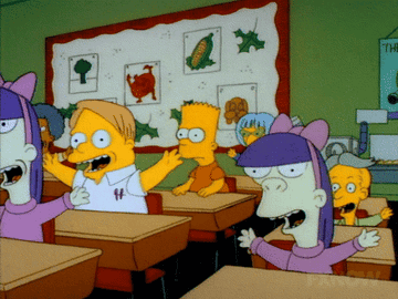 The Simpsons Bart&#x27;s class cheering while he sits blankly