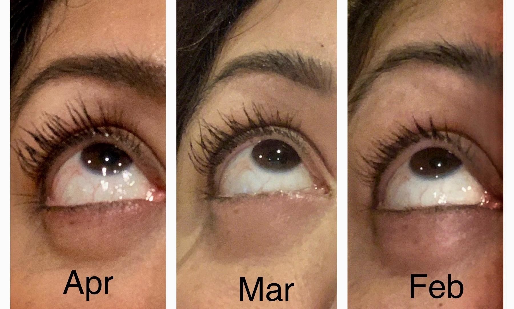 reviewer photo of their lashes in february, march, and april and you can tell that their lashes get longer and thicker looking as the months progress