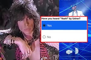 Steven Tyler and Usher next to a question asking if you've heard yeah by usher
